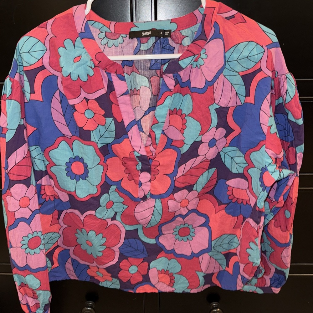 Sportsgirl Size 6 Vibrant Pink Floral Retro Hippie‎ Blouse V Neck Long Sleeve
